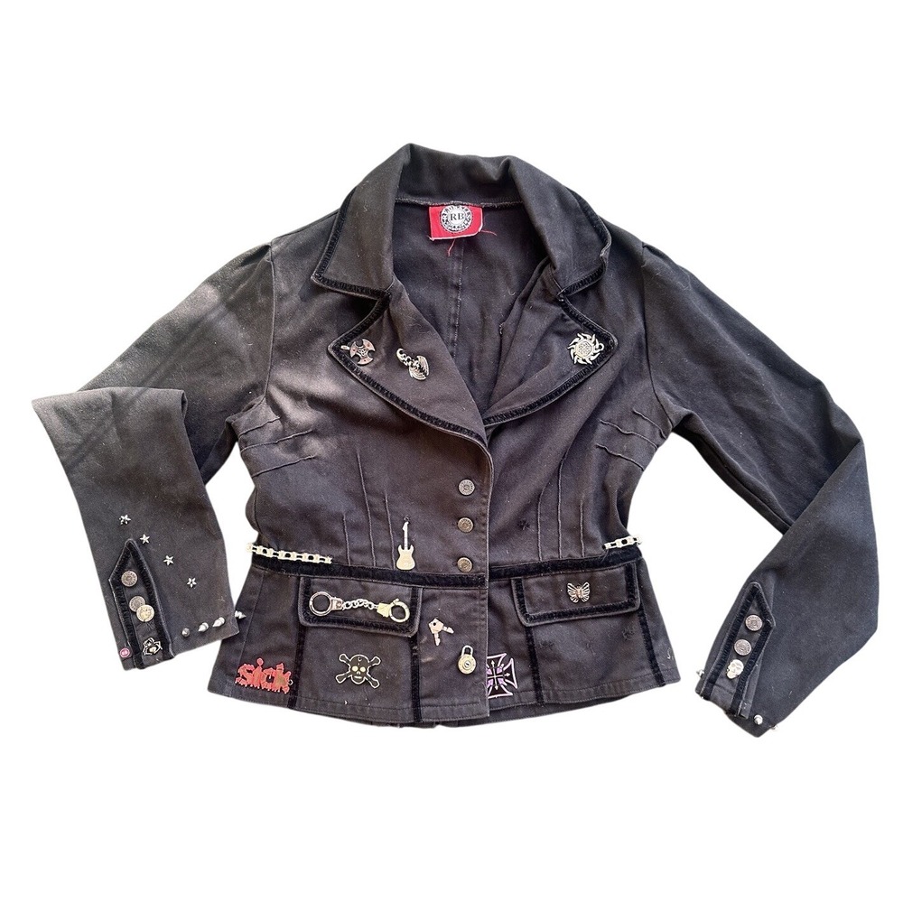Red Balls On Fire XL Black Denim Jacket Velvet blazer redballs‎ steampunk